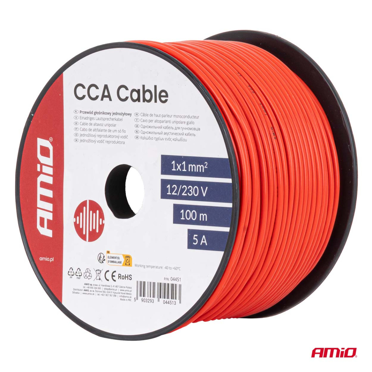 Enkelkärnig CCA-kabel, röd, 1x1mm² 100m 5A 12/230V AMIO-04451