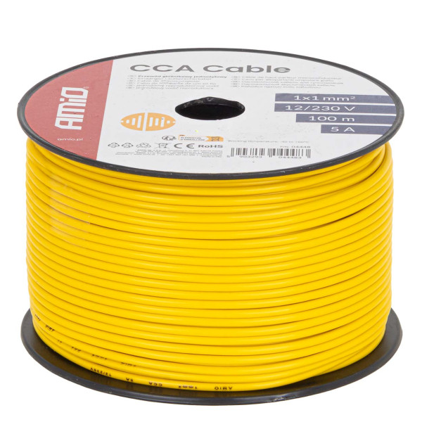Enkelkärnig CCA-kabel, gul, 1x1mm² 100m 5A 12/230V AMIO-04448