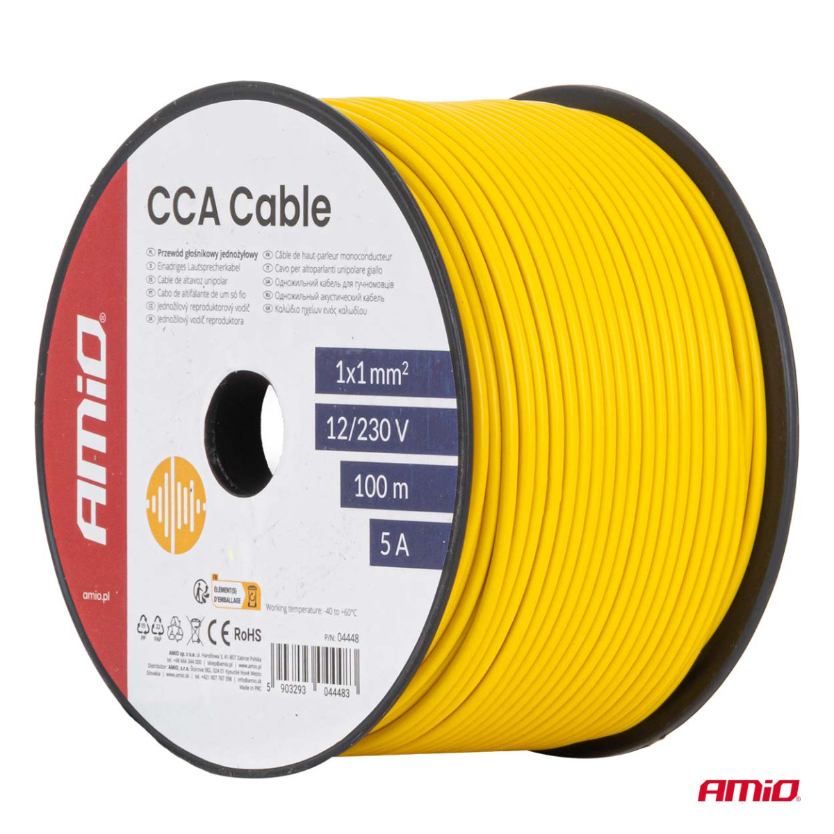 Enkelkärnig CCA-kabel, gul, 1x1mm² 100m 5A 12/230V AMIO-04448