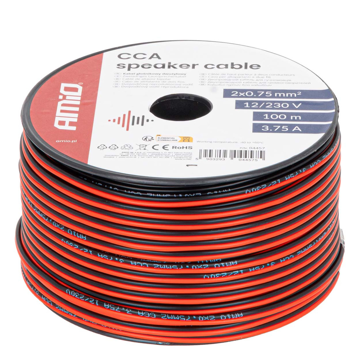 Tvåledar CCA-högtalarkabel 2×0,75 mm², 100 m, 3,75 A AMIO-04457