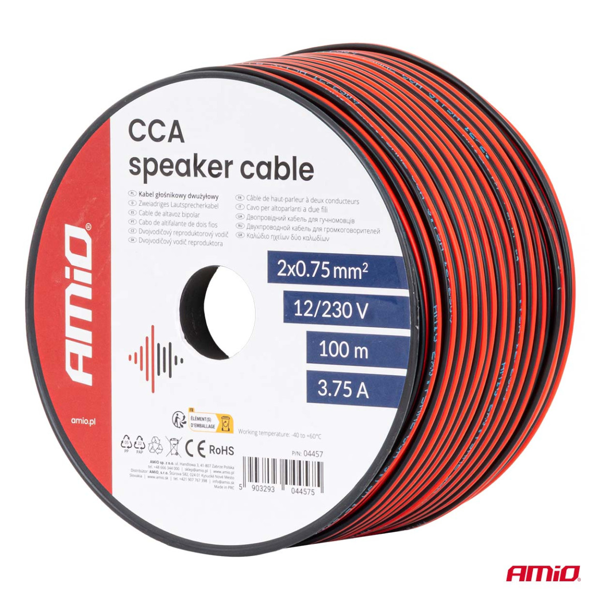 Tvåledar CCA-högtalarkabel 2×0,75 mm², 100 m, 3,75 A AMIO-04457