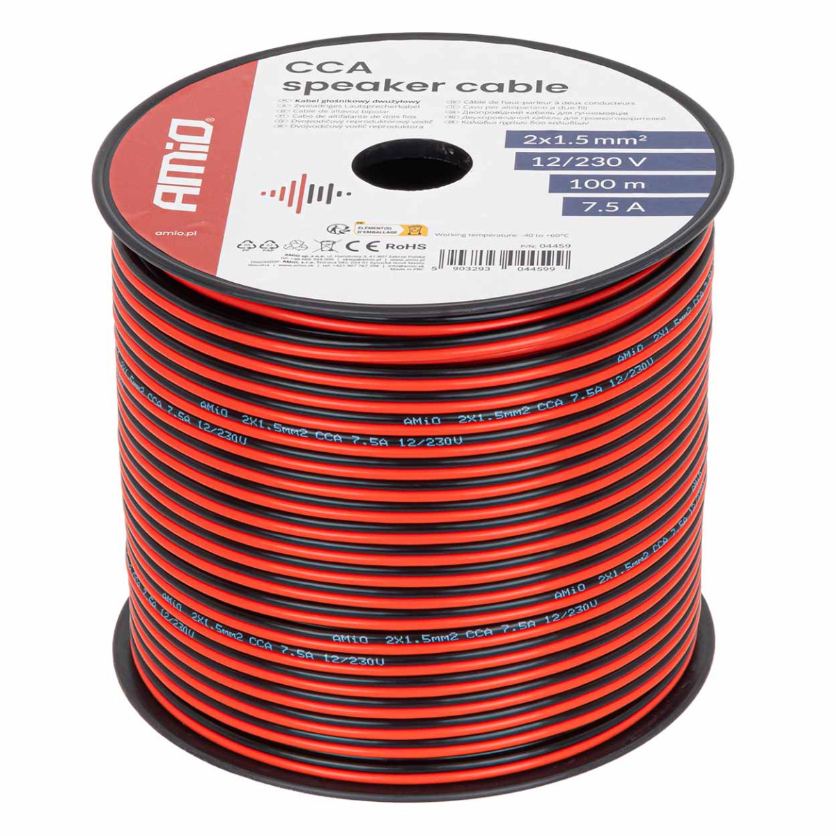 Tvåledarig CCA-kabel, 2x1,5mm² 100m 7,5A AMIO-04459
