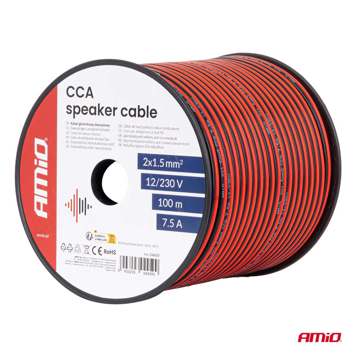 Tvåledarig CCA-kabel, 2x1,5mm² 100m 7,5A AMIO-04459