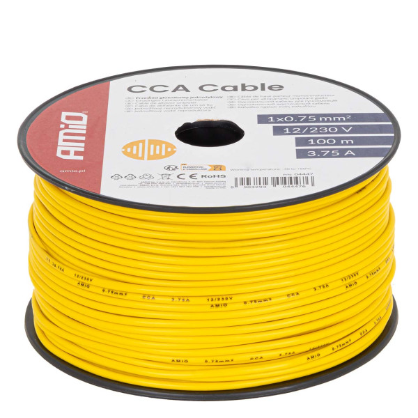 Enkelkärnig CCA-kabel, gul, 1x0,75mm² 100m 3,75A 12/230V AMIO-04447