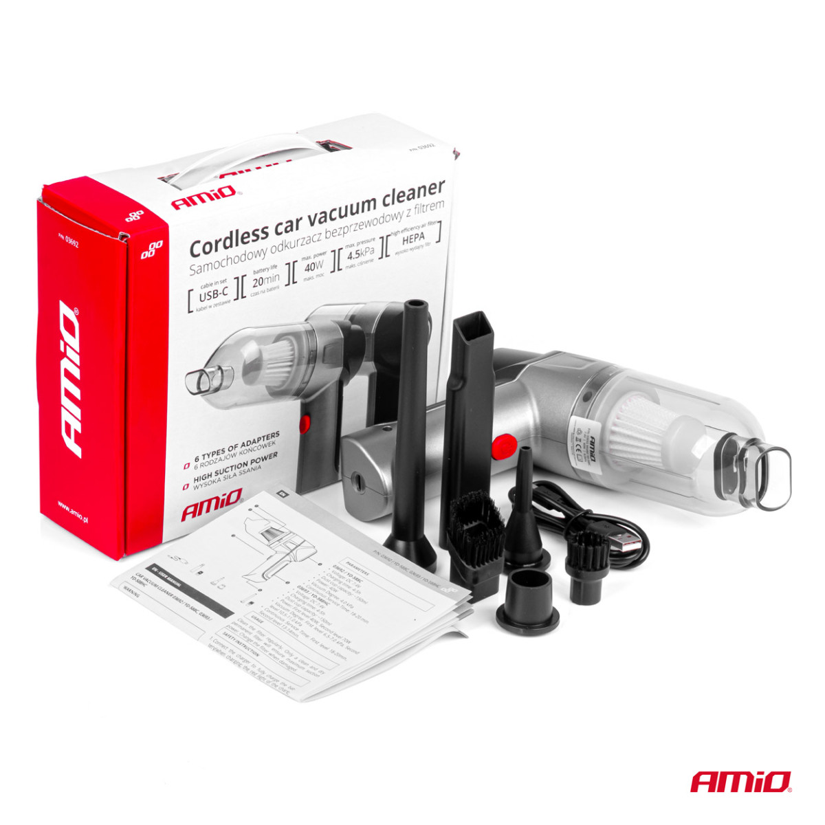 Sladdlös bildammsugare 40 W, 4000 mAh, med HEPA-filter, 4,5 kPa AMiO-03692