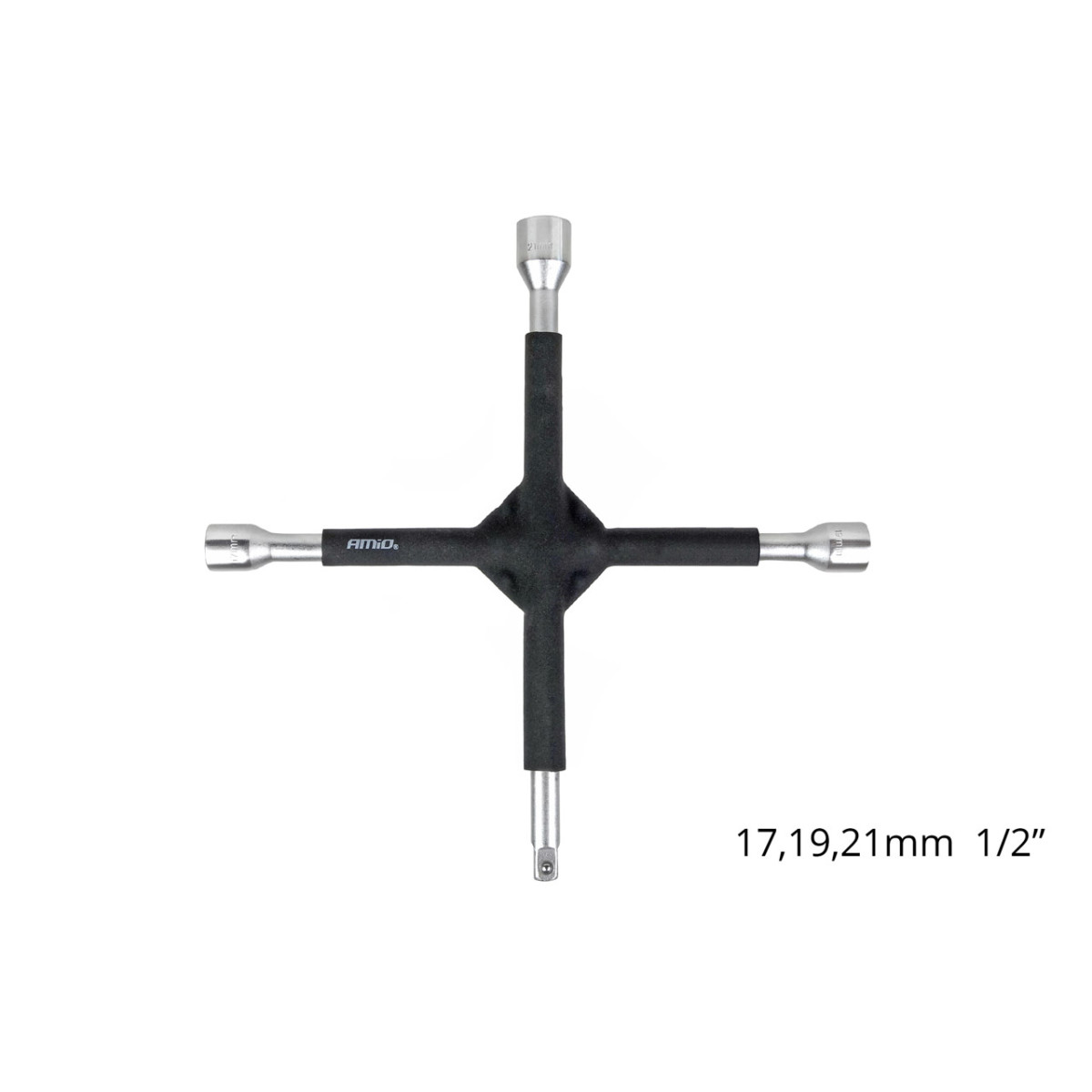 Korsformad hjulnyckel 17–19–21 mm, 1/2", gummerad, AMIO-02402