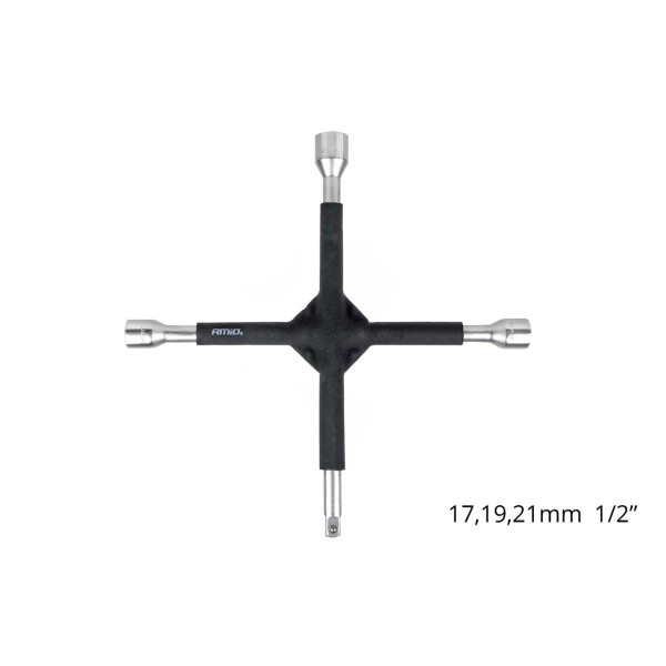 Korsformad hjulnyckel 17–19–21 mm, 1/2", gummerad, AMIO-02402