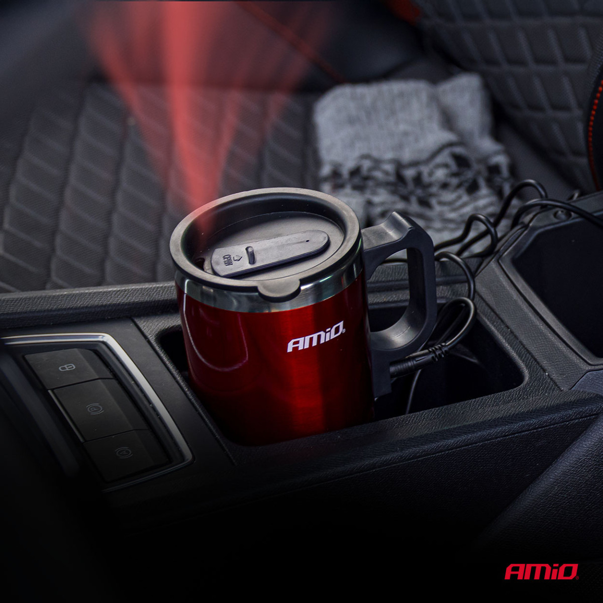 Bilvattenkokare med kopp, 450 ml 12V, röd, AMIO-02177
