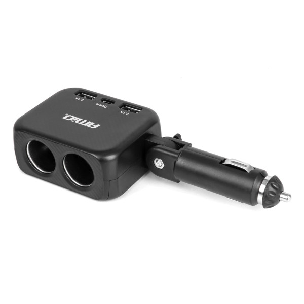 Tvåuttags cigarettändaruttag med laddare 2×USB-A + USB-C 12/24V 100W 180° AMIO-04357