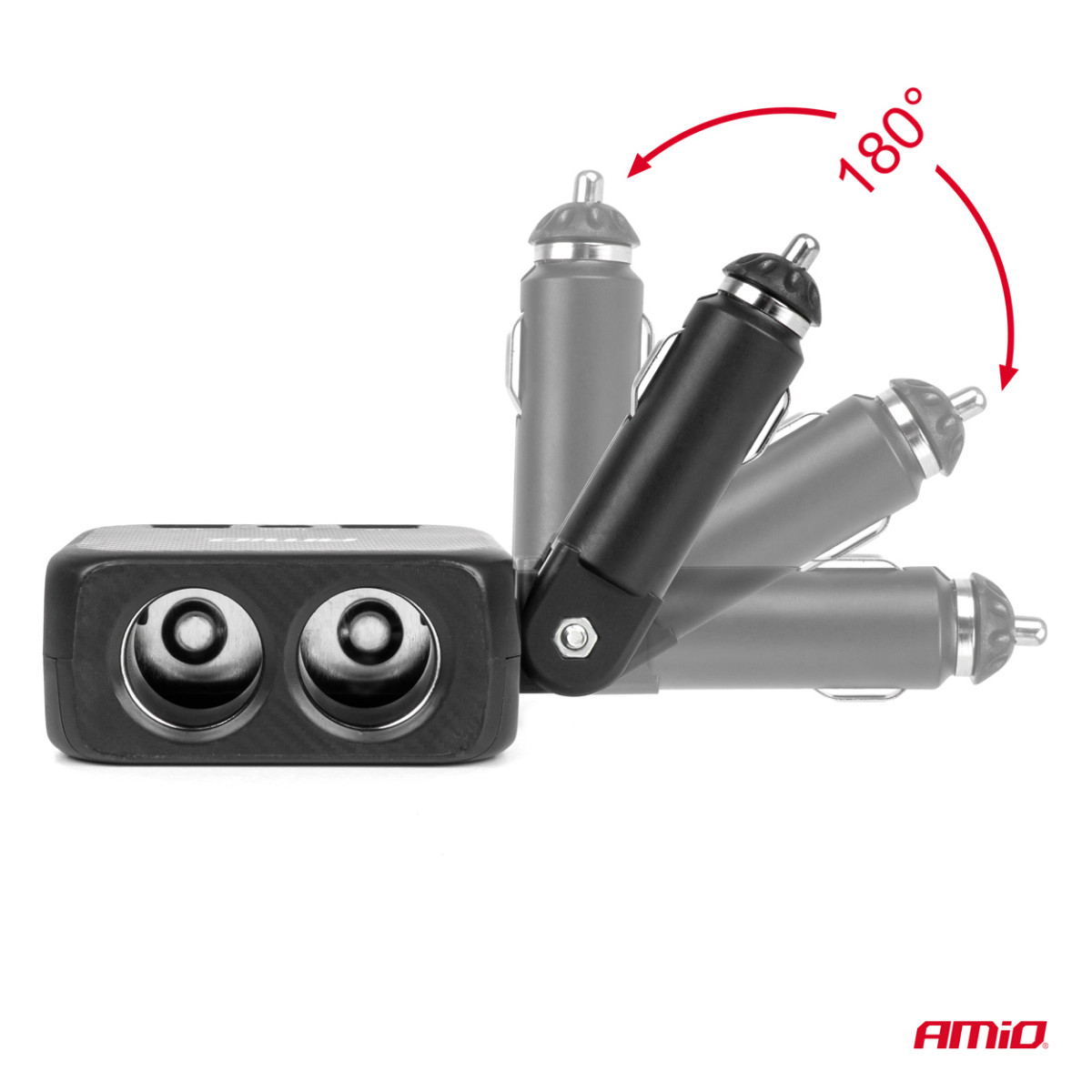 Tvåuttags cigarettändaruttag med laddare 2×USB-A + USB-C 12/24V 100W 180° AMIO-04357