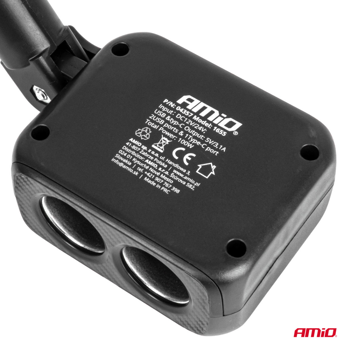 Tvåuttags cigarettändaruttag med laddare 2×USB-A + USB-C 12/24V 100W 180° AMIO-04357