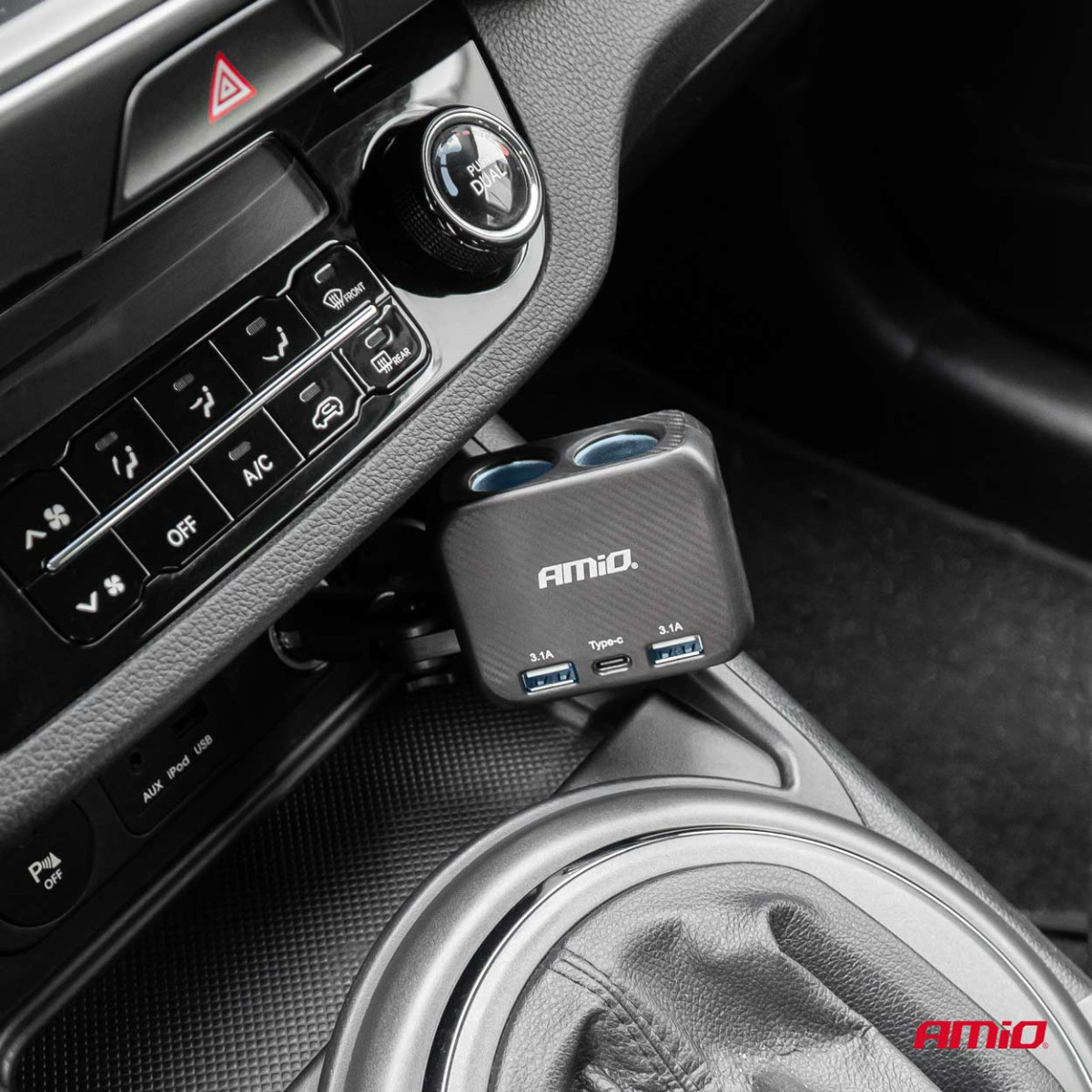 Tvåuttags cigarettändaruttag med laddare 2×USB-A + USB-C 12/24V 100W 180° AMIO-04357