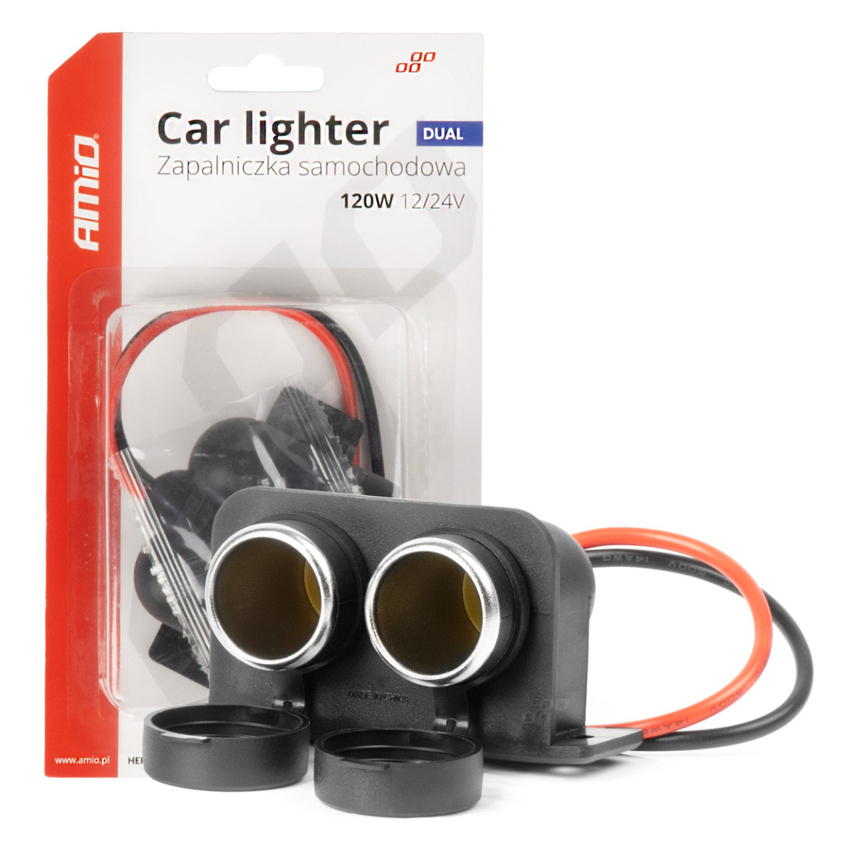 Dubbeltätat biluttag 12/24V AMIO-04130