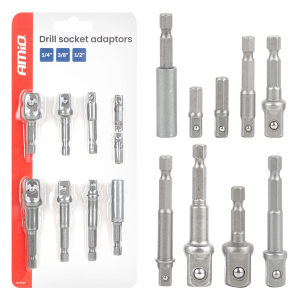 Hylsnyckeladaptersats för skruvmejsel, 1/4" HEX, 1/4" / 3/8" / 1/2", 9 delar, AMIO-04931