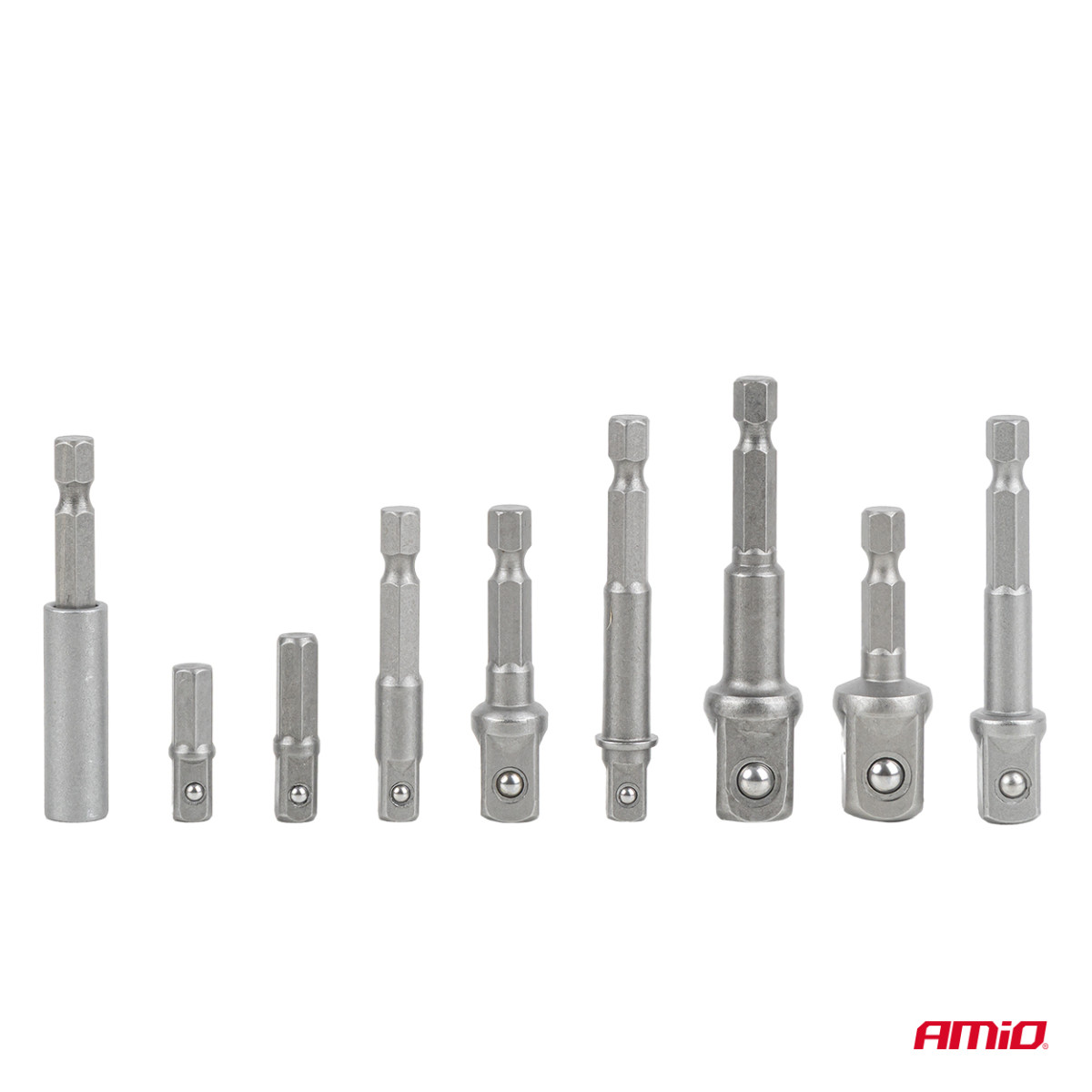 Hylsnyckeladaptersats för skruvmejsel, 1/4" HEX, 1/4" / 3/8" / 1/2", 9 delar, AMIO-04931
