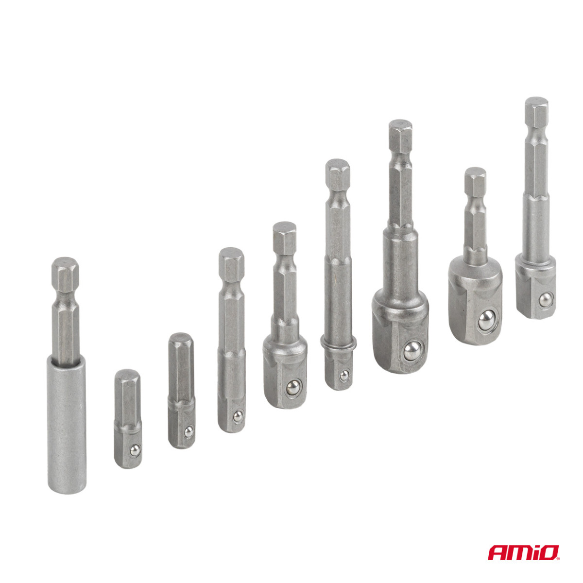 Hylsnyckeladaptersats för skruvmejsel, 1/4" HEX, 1/4" / 3/8" / 1/2", 9 delar, AMIO-04931