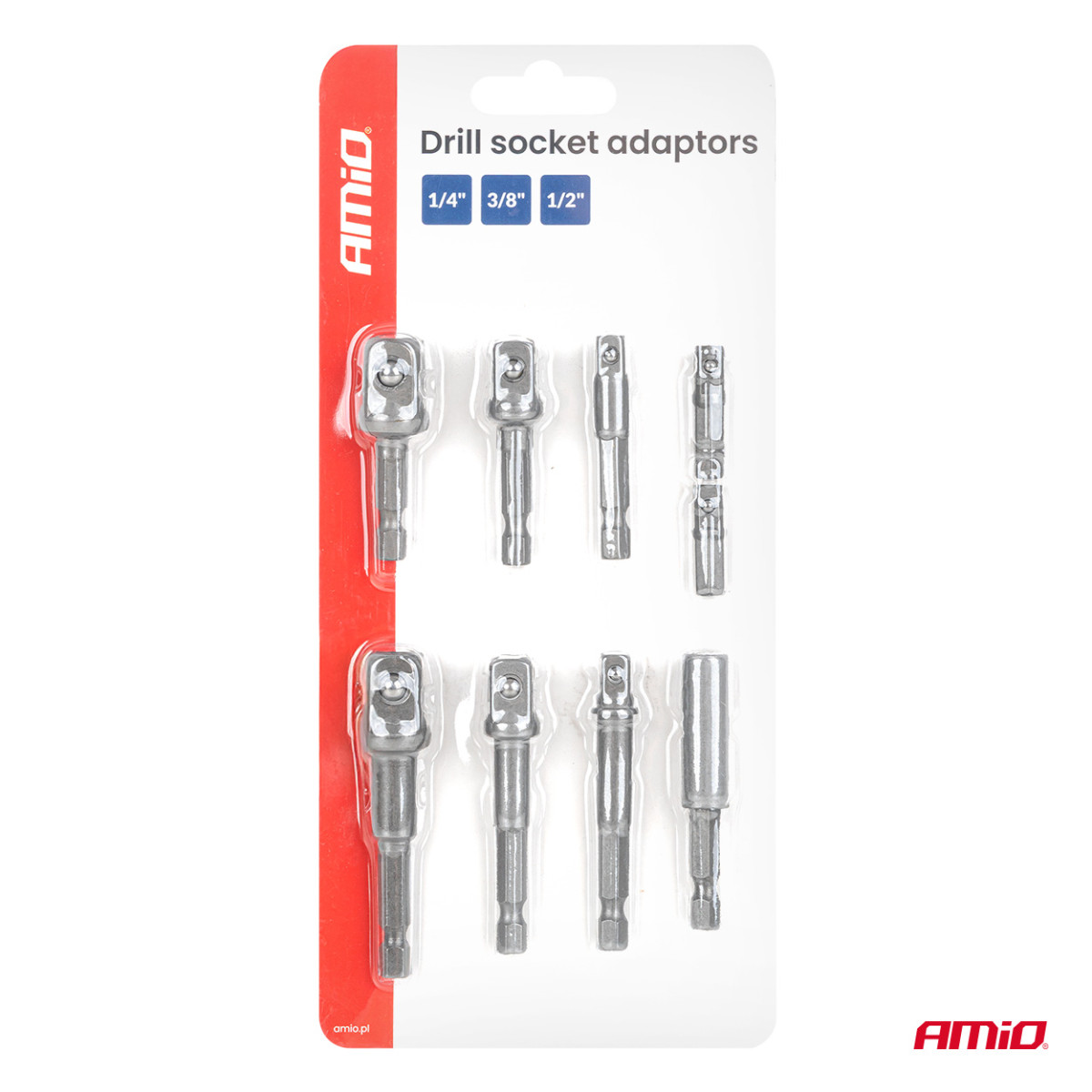 Hylsnyckeladaptersats för skruvmejsel, 1/4" HEX, 1/4" / 3/8" / 1/2", 9 delar, AMIO-04931