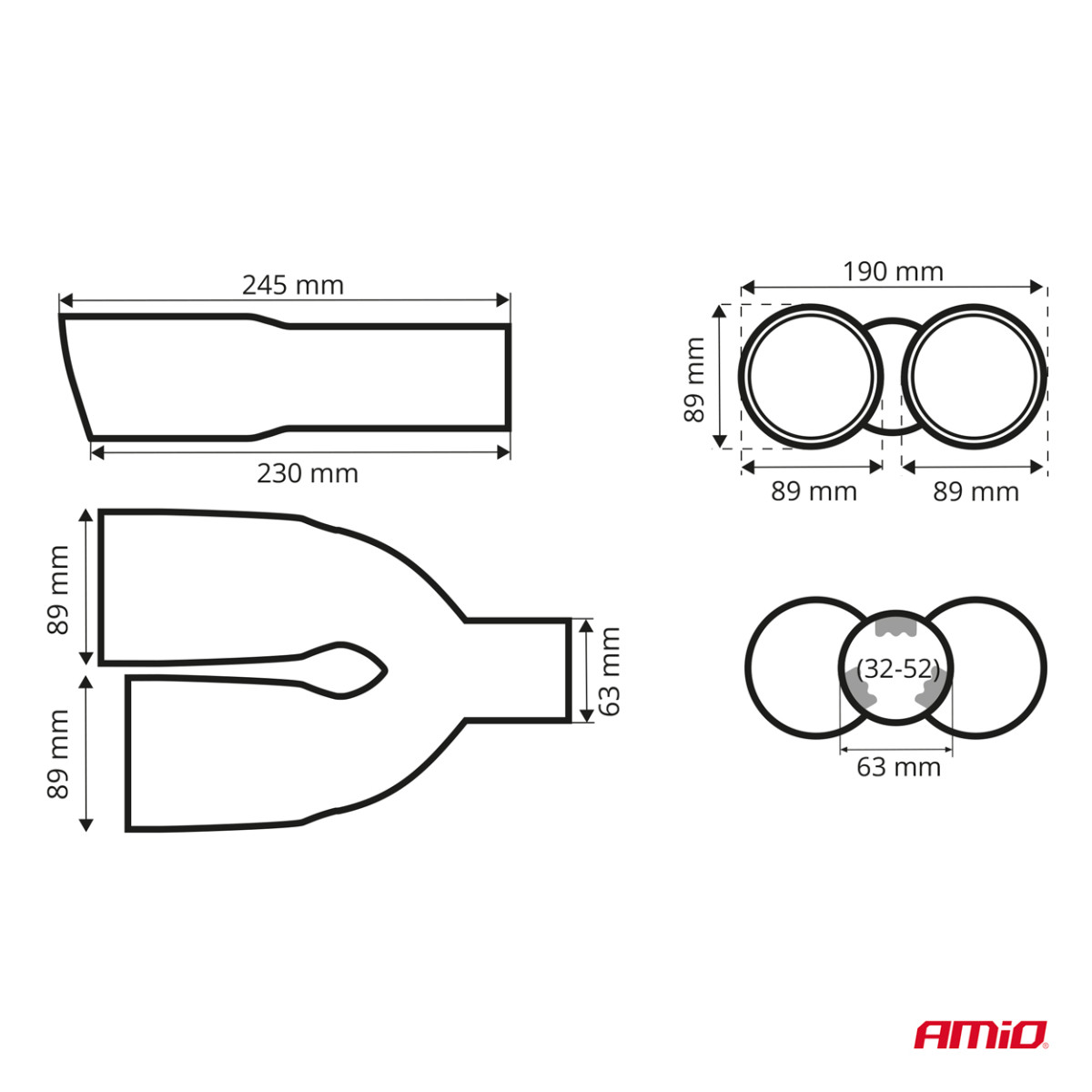 Ljuddämparmunstycke 32–52 mm, rostfritt stål, kolfiber, dubbel, höger, AMiO‑04070