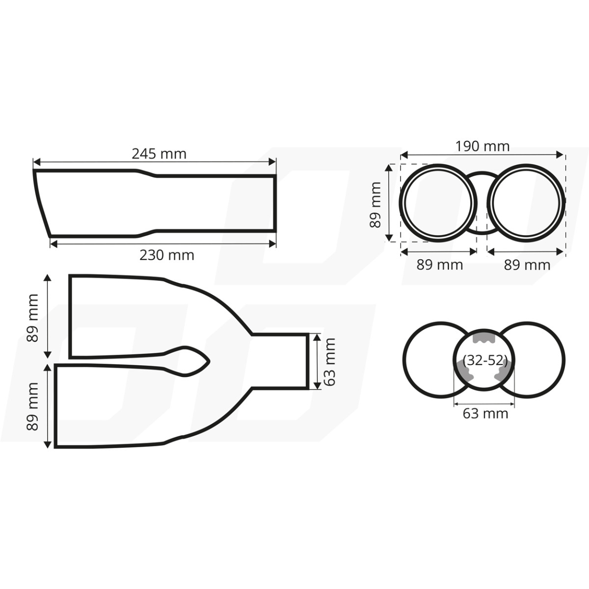 Ljuddämparmunstycke 32-52 mm, rostfritt stål, förkromat, dubbel, vänster AMiO-04067