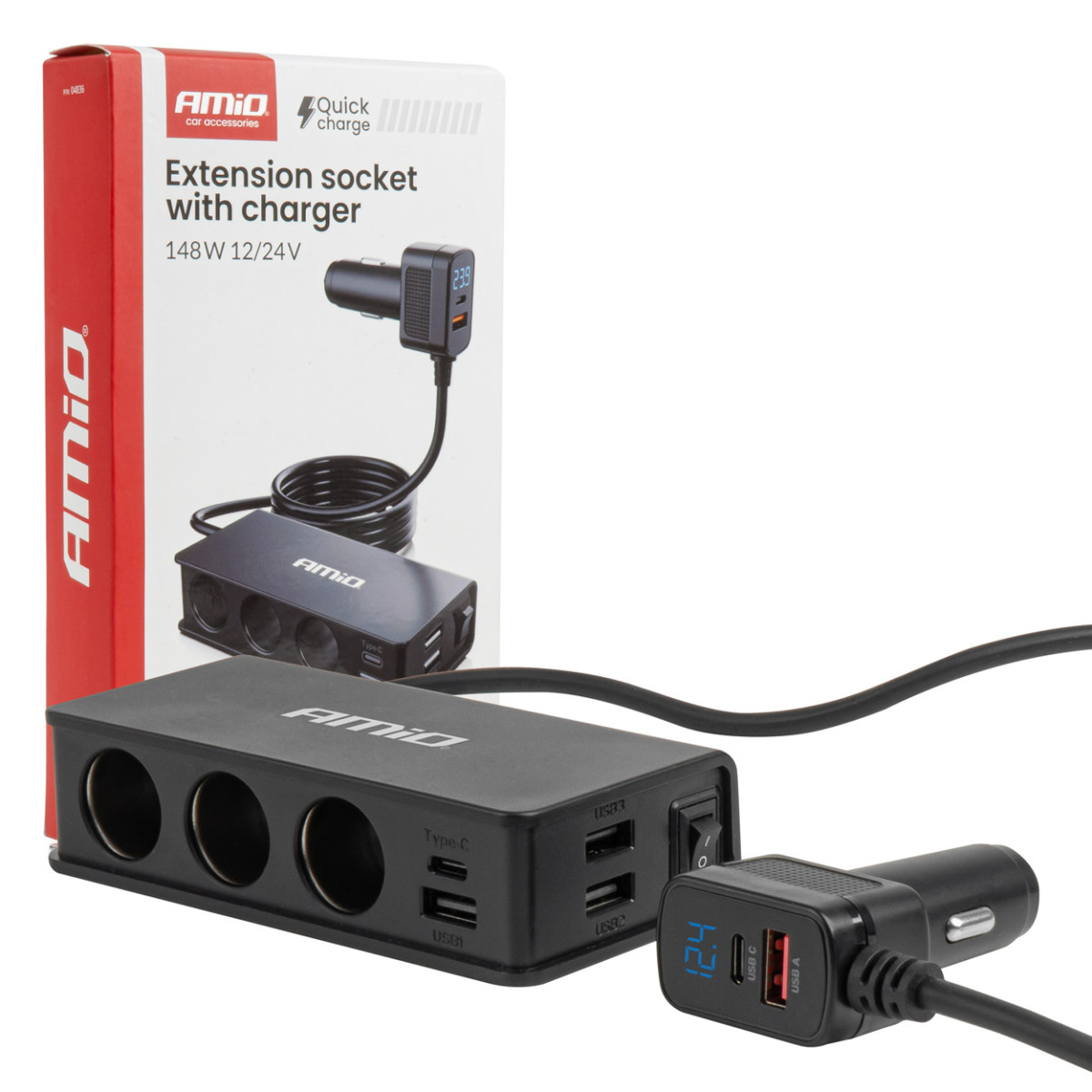 Uttagssplitter 12/24V med 3x USB-A, USB-C, QC3.0, PD3.0 148W AMIO-04836