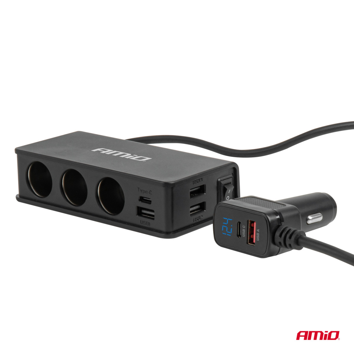 Uttagssplitter 12/24V med 3x USB-A, USB-C, QC3.0, PD3.0 148W AMIO-04836