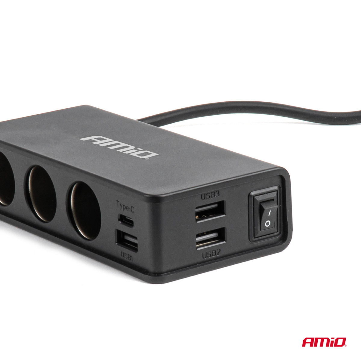 Uttagssplitter 12/24V med 3x USB-A, USB-C, QC3.0, PD3.0 148W AMIO-04836