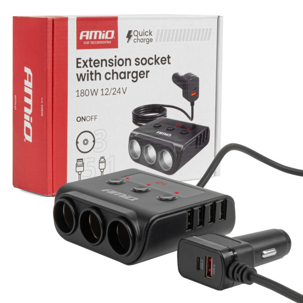 Uttagssplitter 12/24V med 4x USB-A QC3.0 PD3.0 180W AMIO-04835