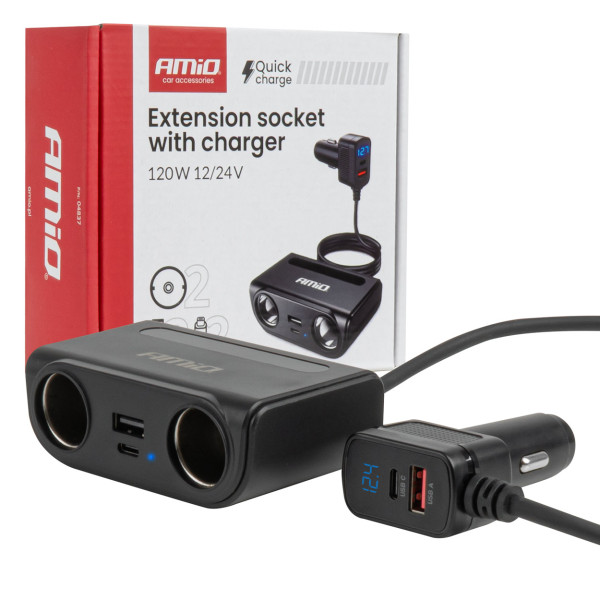 Uttagssplitter 12/24V med USB-C USB-A QC3.0 PD3.0 120W AMIO-04837