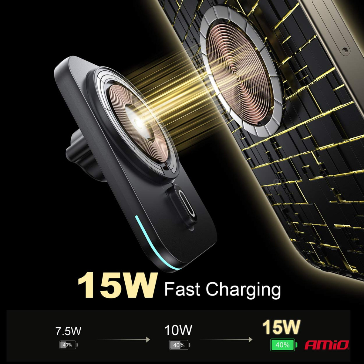 Snabb magnetisk trådlös billaddare Qi2 15W - fönster/instrumentbräda AMIO-04181