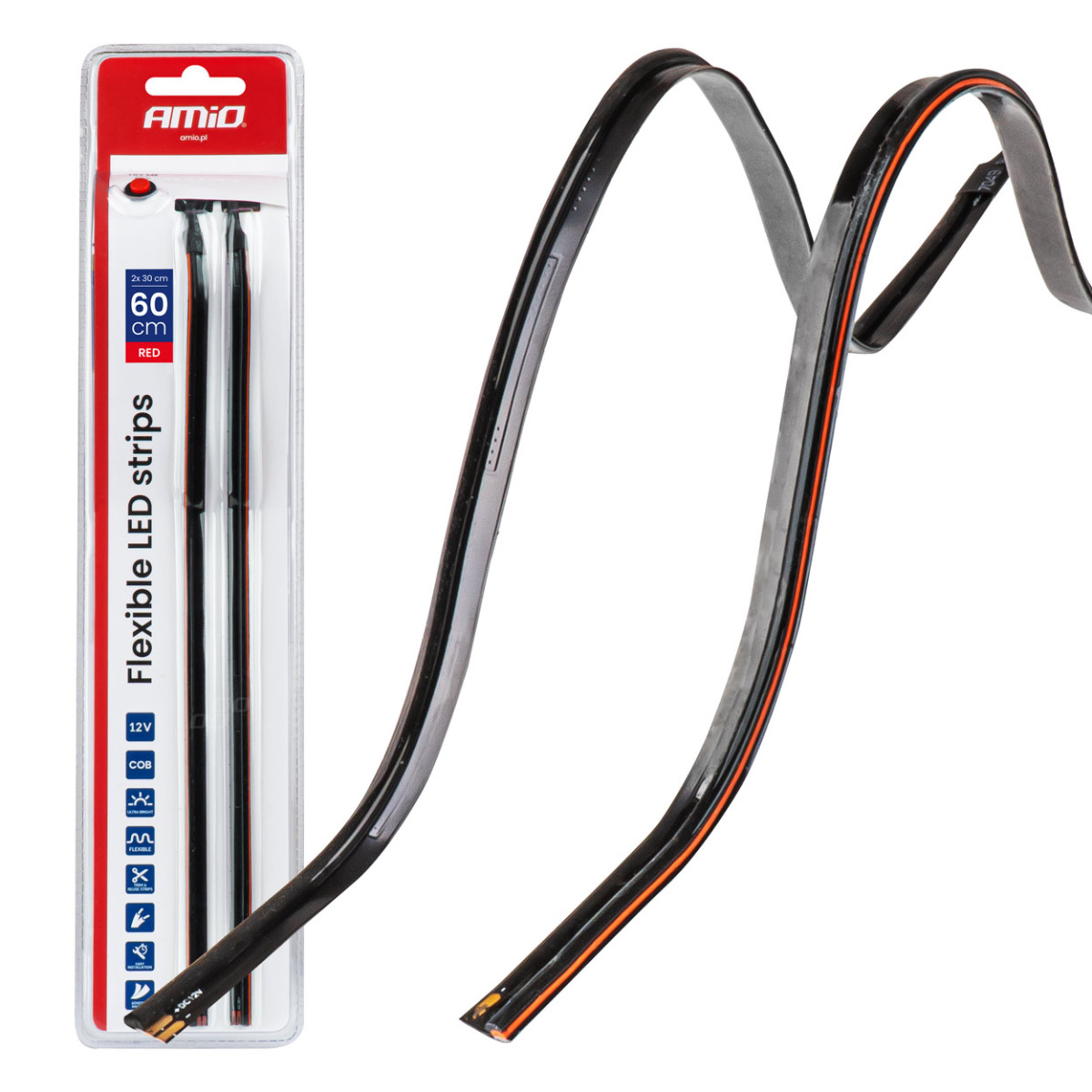 Flexibla sido-COB LED-remsor 2x30 cm 12V, röda 