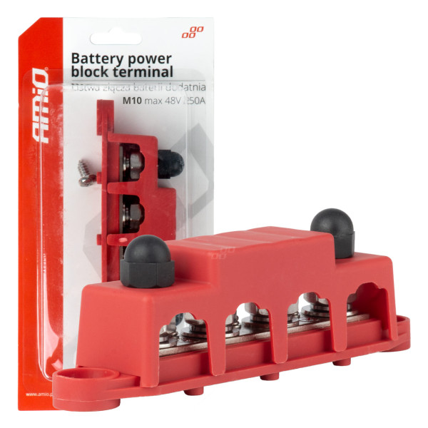 Positivpolsfördelningsblock med 4 M10-bultar, Samlingsskena 12/24/48V 250A, AMIO-03812