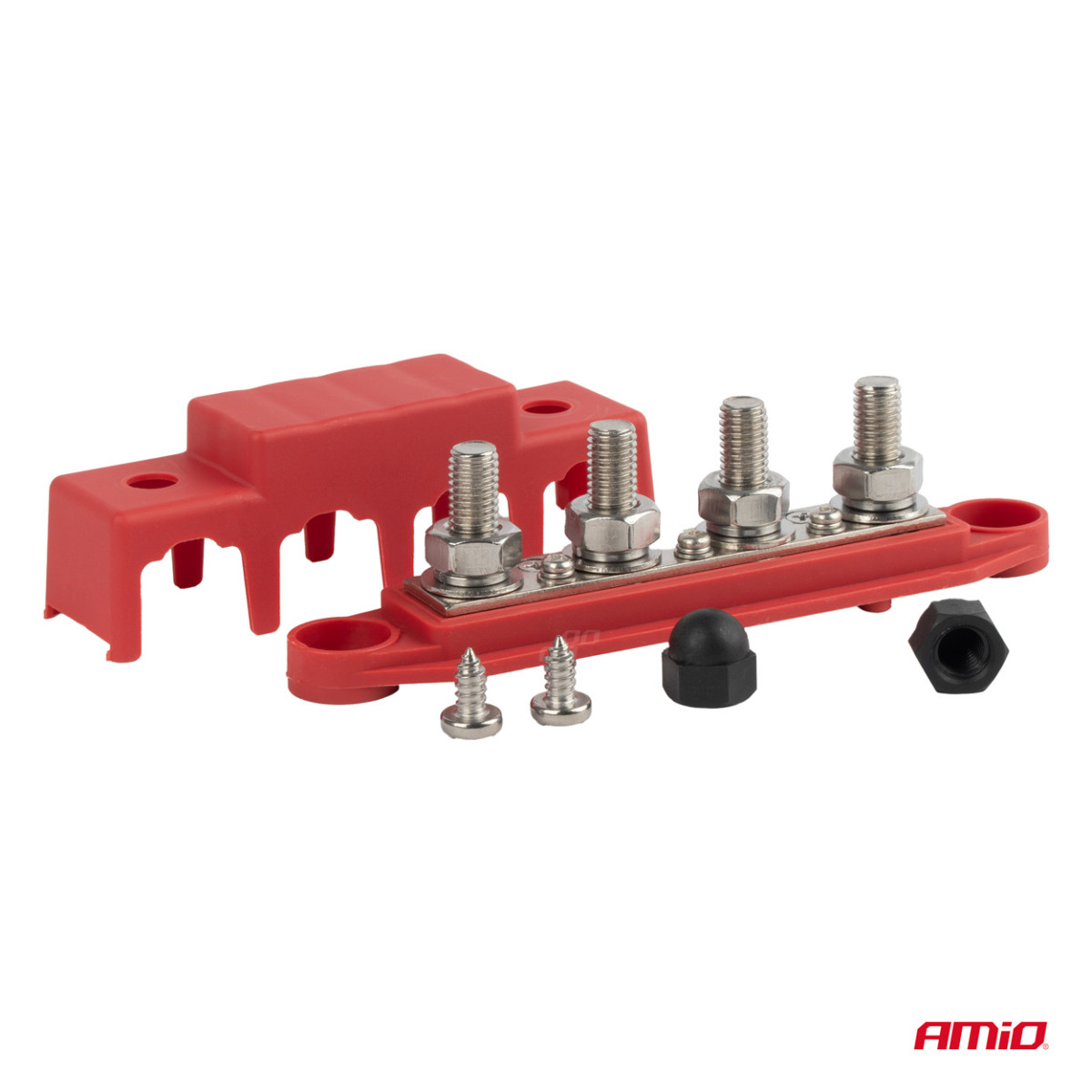 Positivpolsfördelningsblock med 4 M10-bultar, Samlingsskena 12/24/48V 250A, AMIO-03812