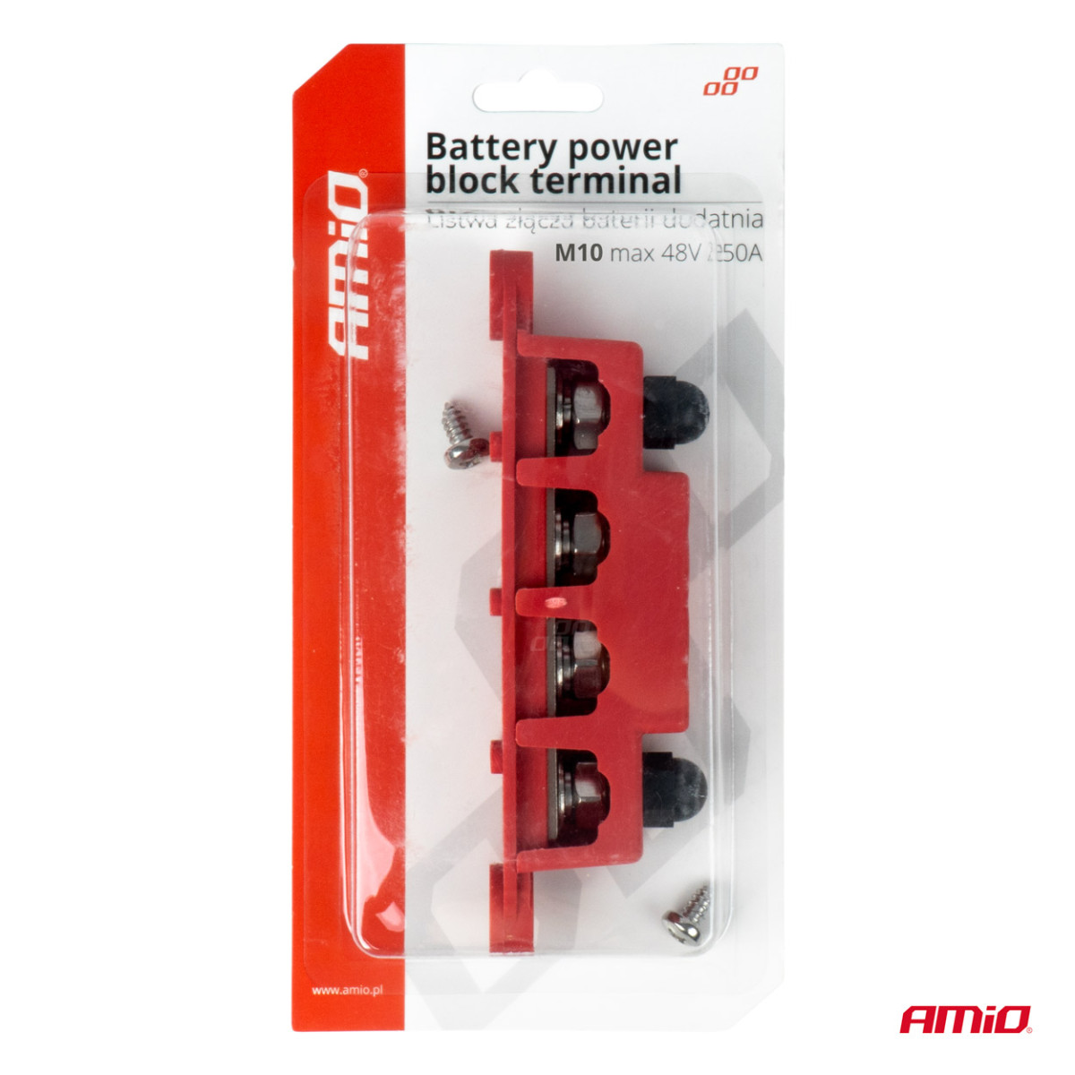 Positivpolsfördelningsblock med 4 M10-bultar, Samlingsskena 12/24/48V 250A, AMIO-03812