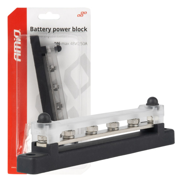 Negativpolsfördelningsblock med 4 M6-skruvar, Samlingsskena 12/24/48V 150A, AMIO-03808