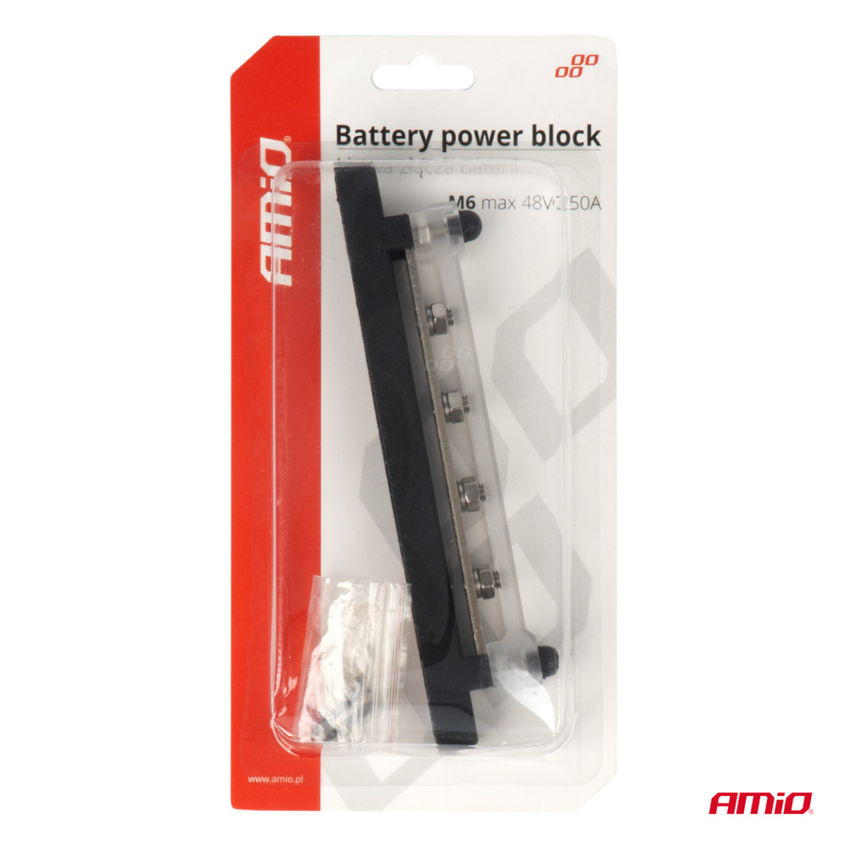 Negativpolsfördelningsblock med 4 M6-skruvar, Samlingsskena 12/24/48V 150A, AMIO-03808