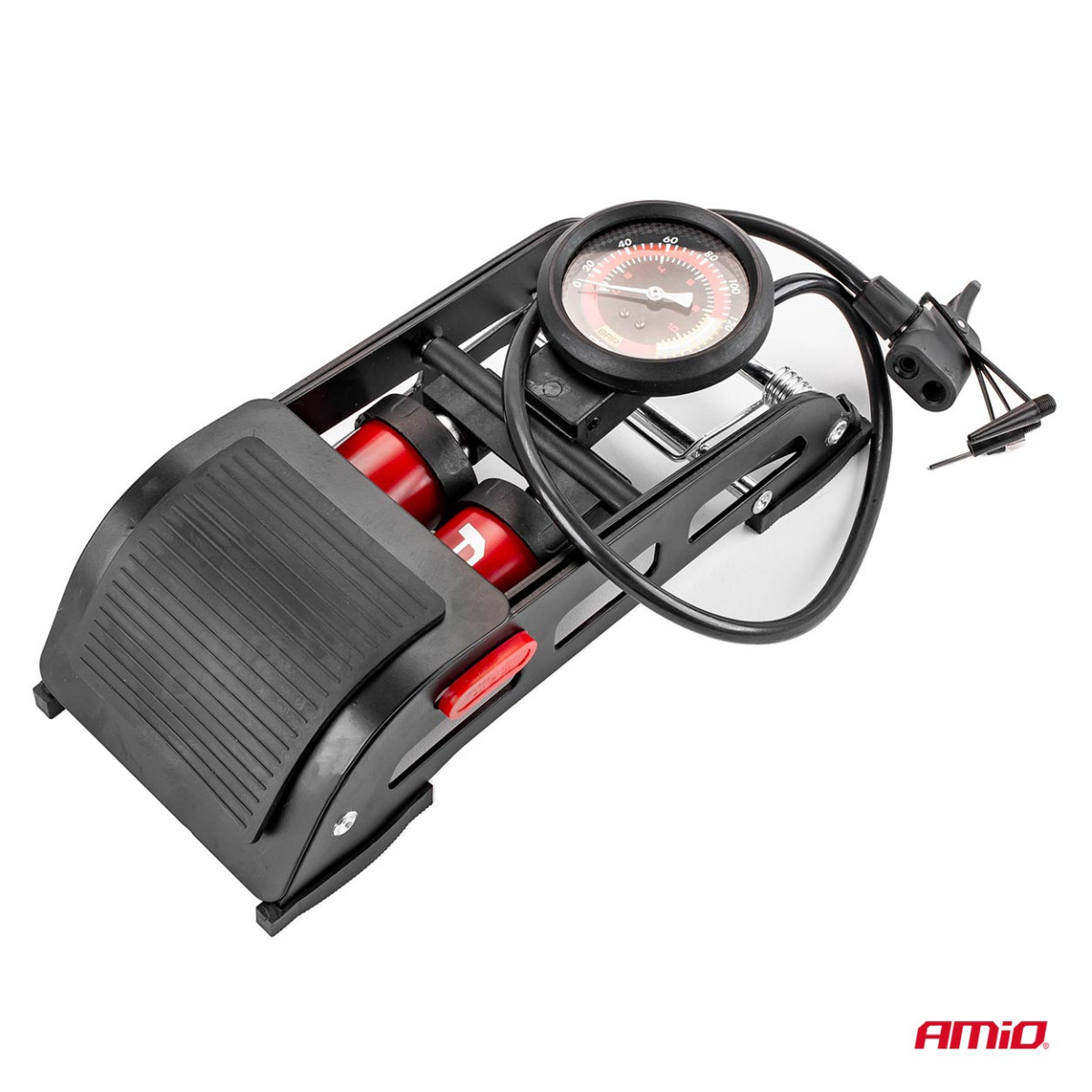 HQ dubbelkolvsfotpump 2×Ø45 mm med tryckmätare och adaptrar PU07