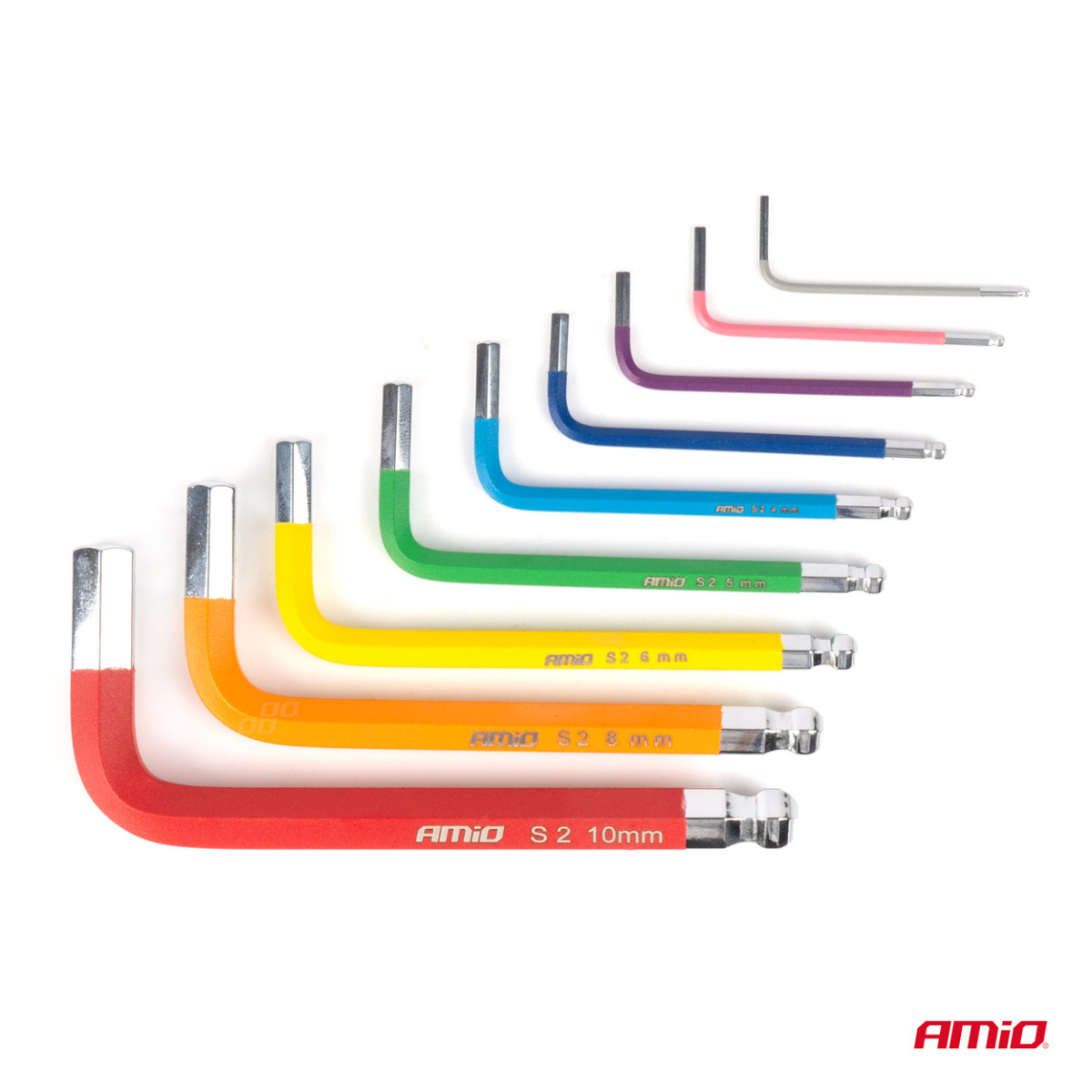 Sexkantsnycklar (Insexnycklar) med kula, korta, 9 st., S2 AMIO-04298