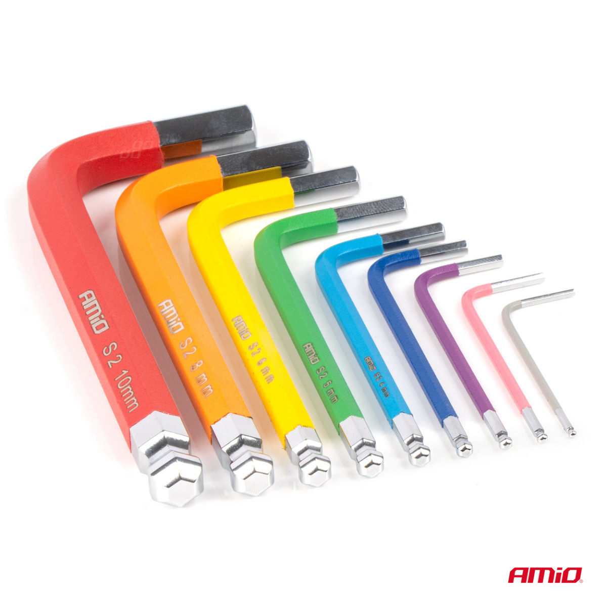 Sexkantsnycklar (Insexnycklar) med kula, korta, 9 st., S2 AMIO-04298