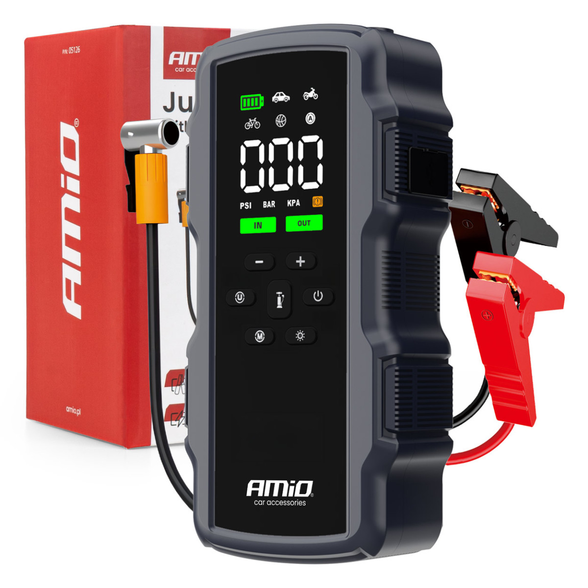 Starthjälp 4-i-1 med kompressor / Powerbank 12V 17Ah 900A, AMIO-05126