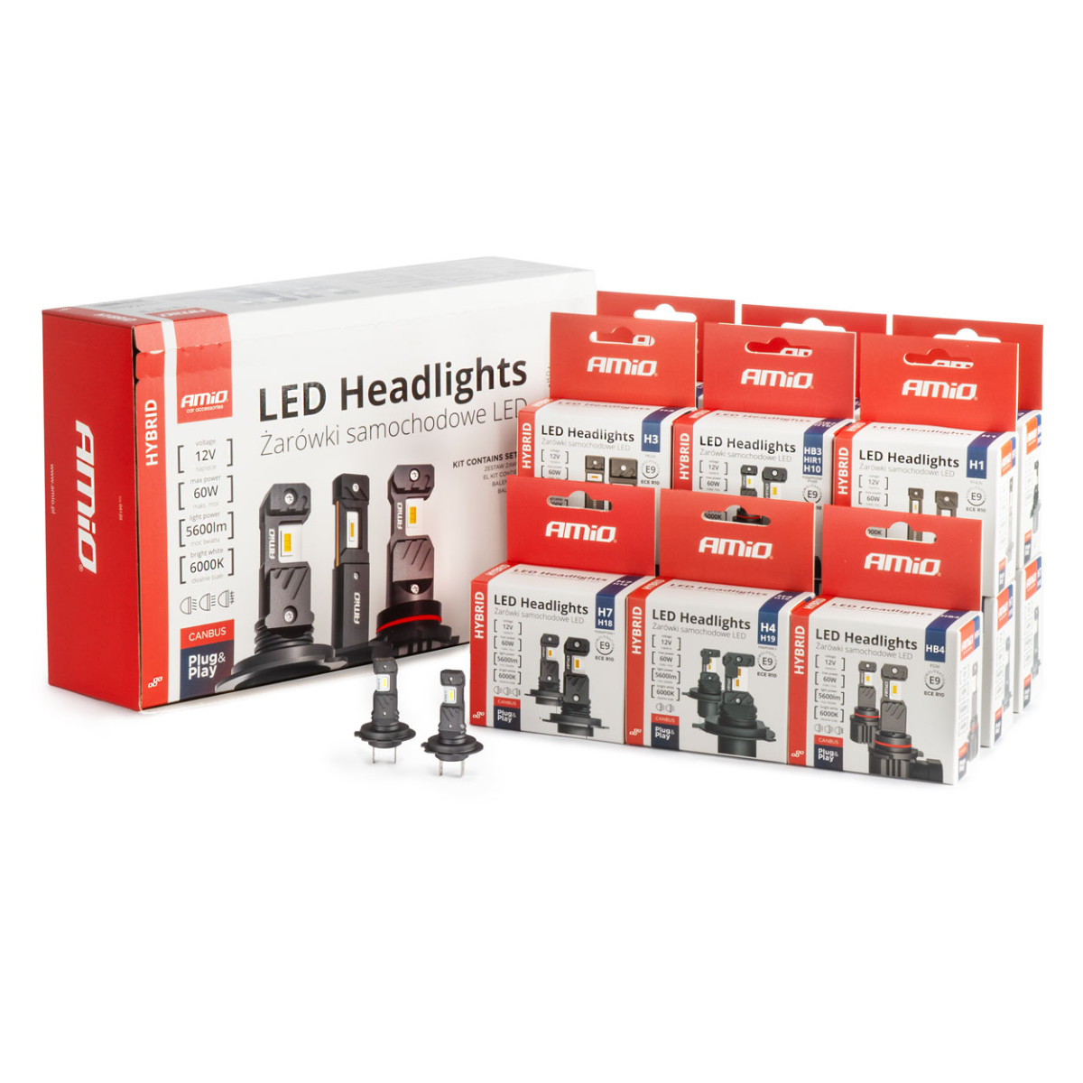 LED-strålkastarlampsats 16 delar, Hybrid series H1 H3 H4 H7 HB3 HB4 6000K Canbus, AMIO-04120
