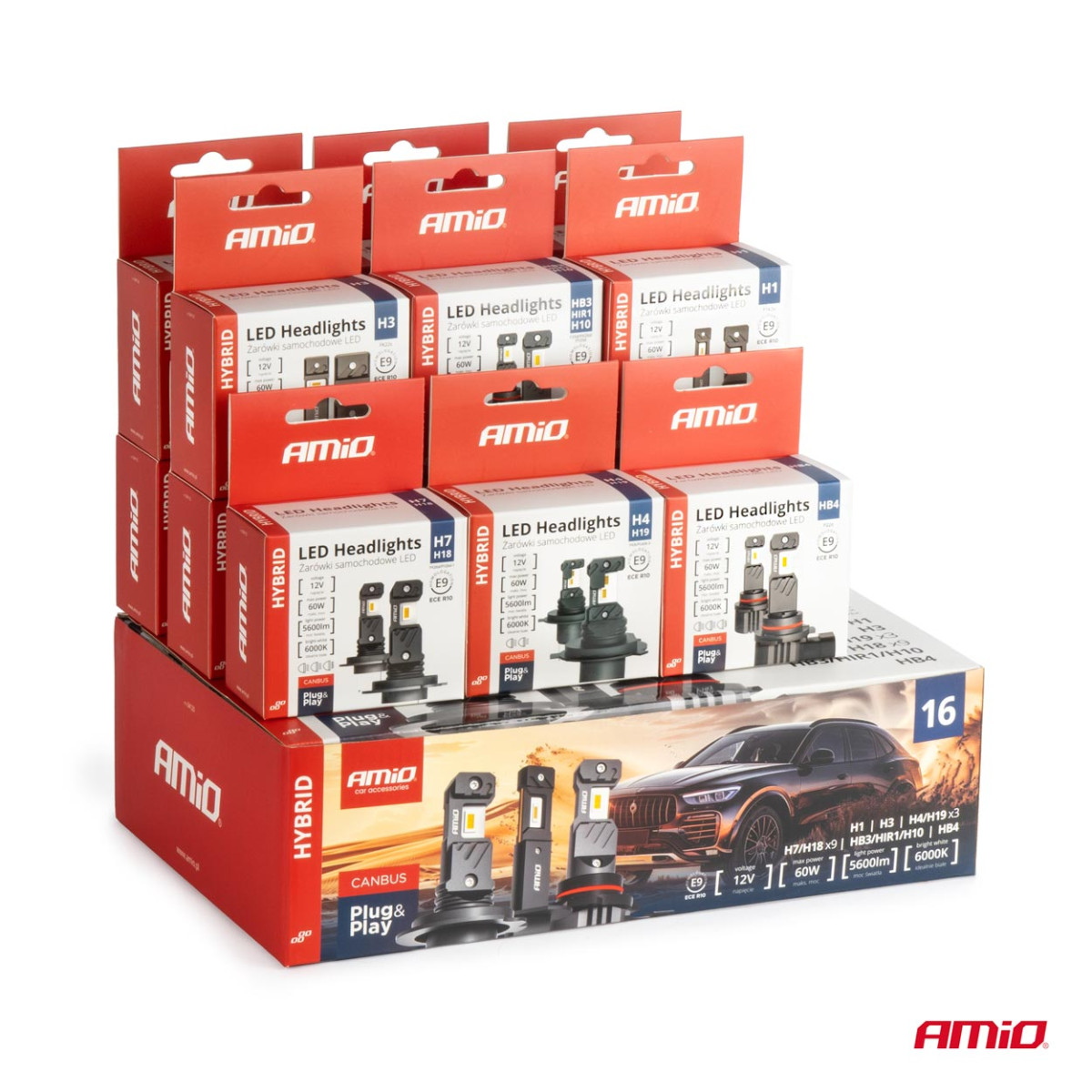 LED-strålkastarlampsats 16 delar, Hybrid series H1 H3 H4 H7 HB3 HB4 6000K Canbus, AMIO-04120