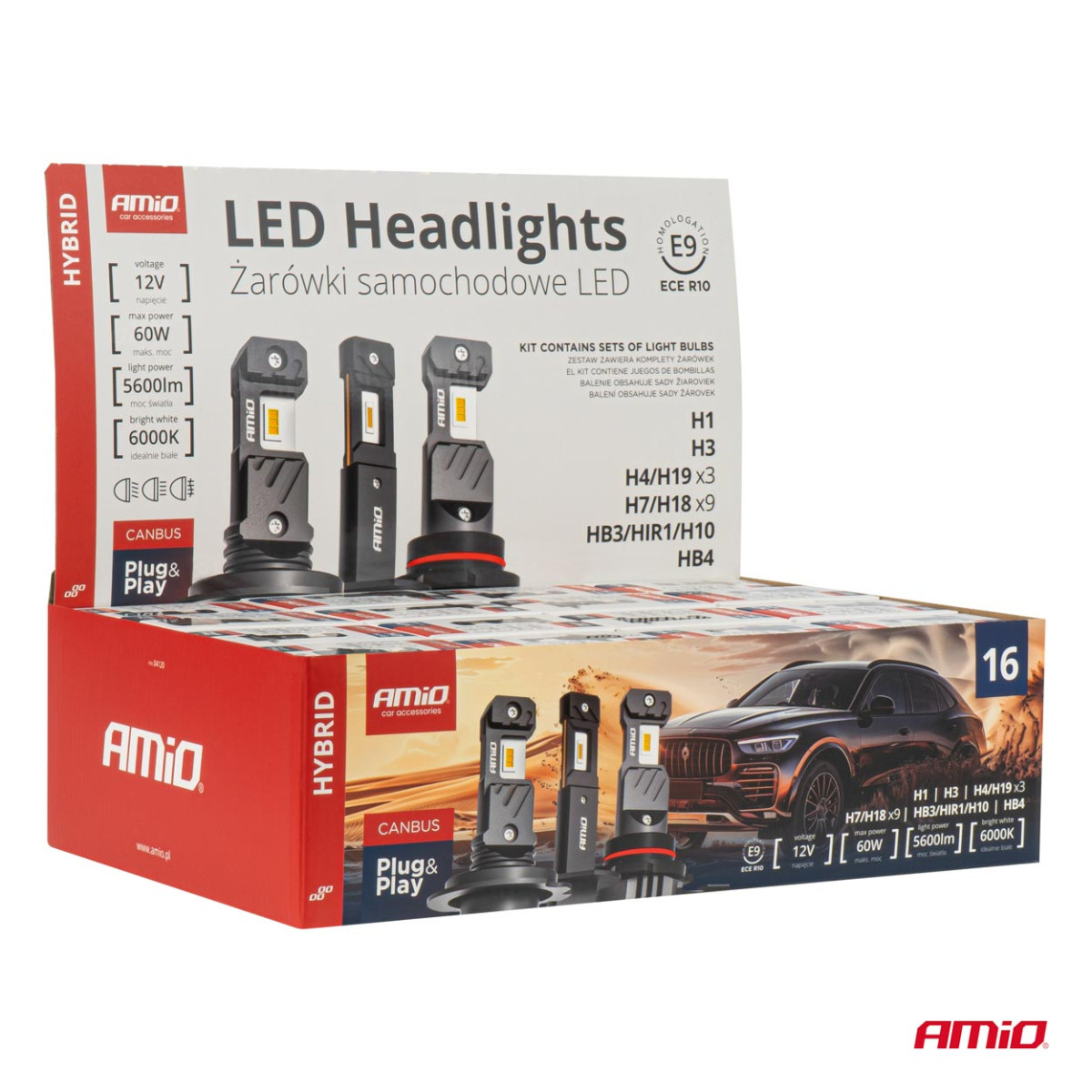 LED-strålkastarlampsats 16 delar, Hybrid series H1 H3 H4 H7 HB3 HB4 6000K Canbus, AMIO-04120