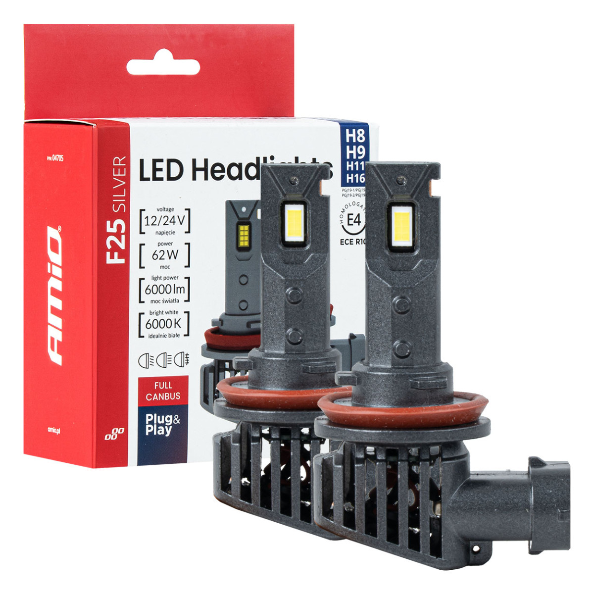 LED-strålkastarlampor F25 SILVER FULL CANBUS H8/H9/H11/H16 62W 12V 24V AMIO-04705