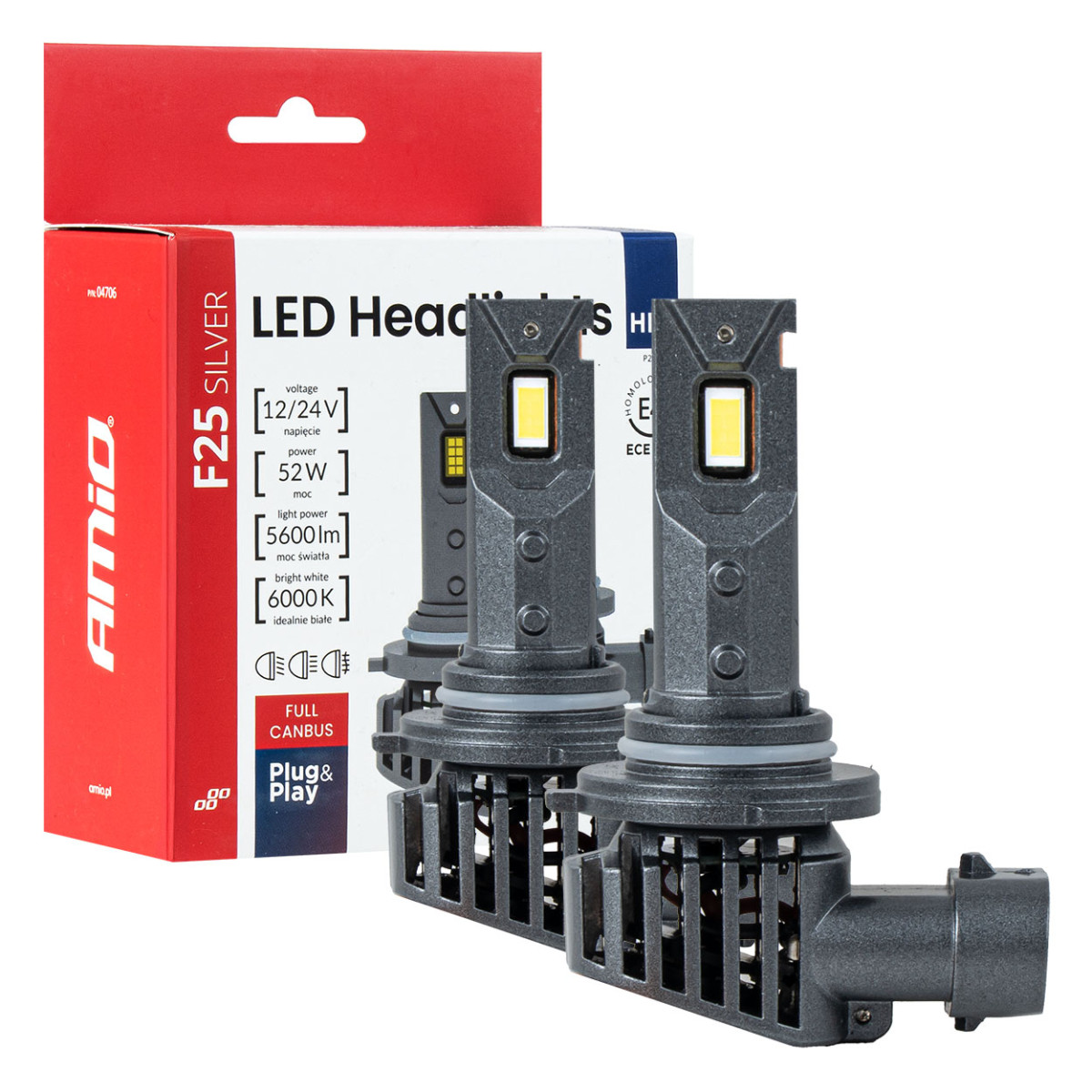 LED-strålkastarlampor F25 SILVER FULL CANBUS HB3 9005 52W 12V 24V AMIO-04706