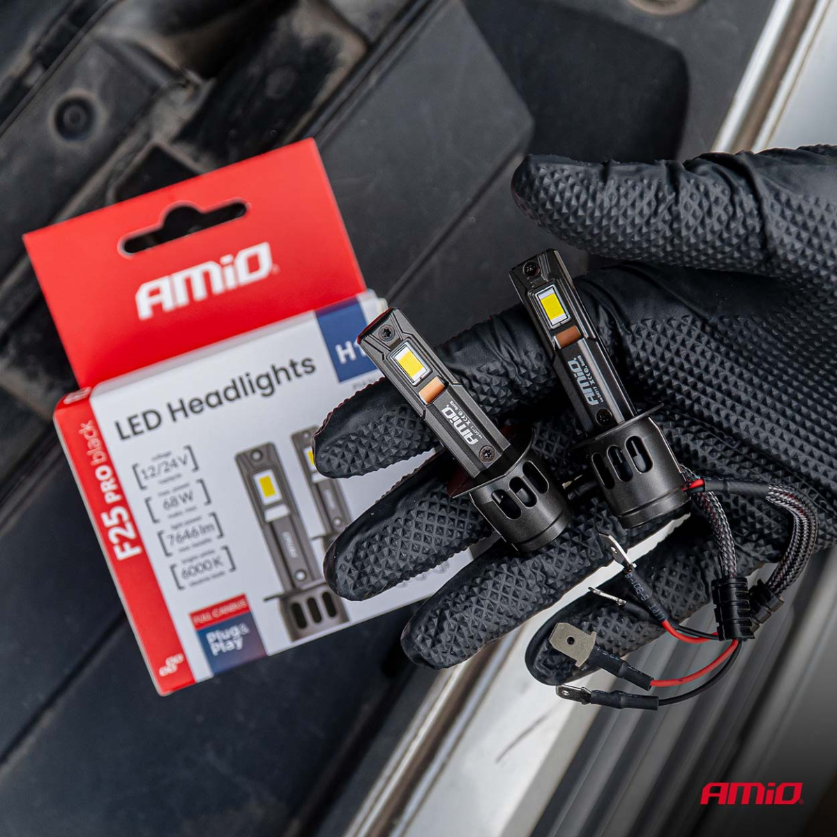 LED-strålkastarlampor Serie F25 PRO BLACK FULL CANBUS H1 68W 12V 24V AMIO-04717