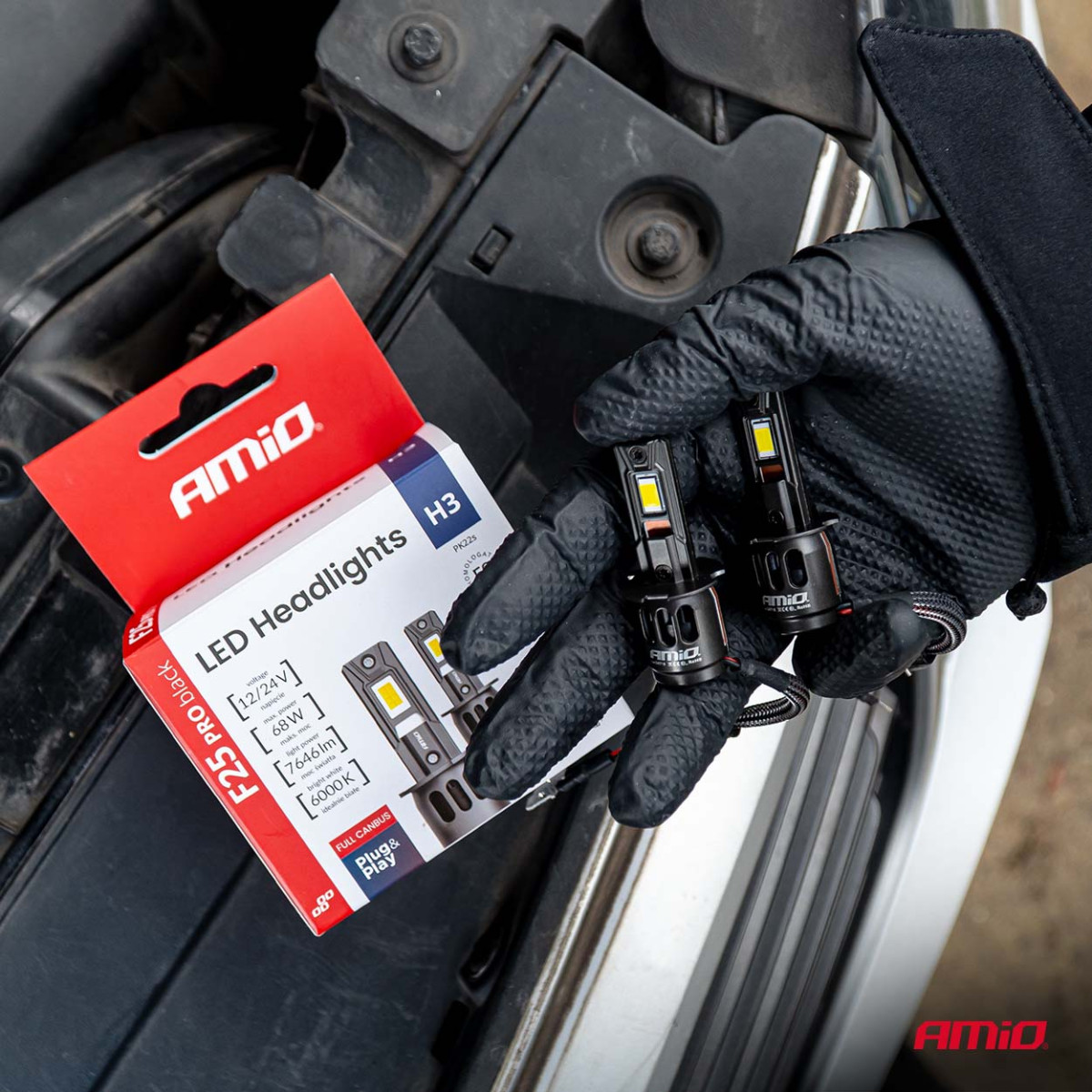 LED-strålkastarlampor Serie F25 PRO SVARTA FULL CANBUS H3 68W 12V 24V, AMIO-04718