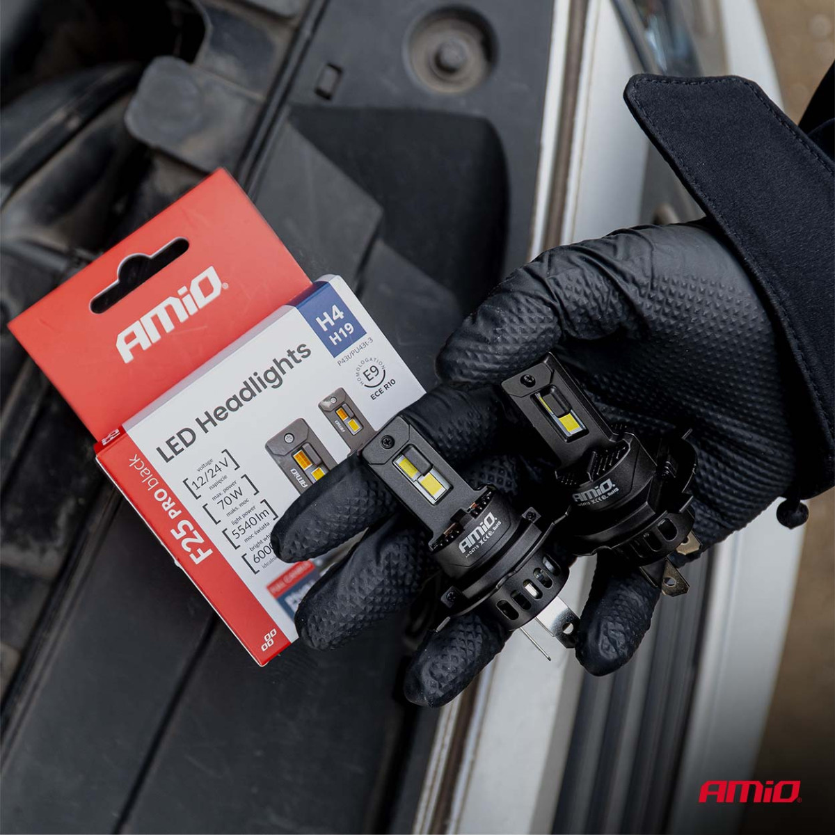 LED-strålkastarlampor F25 PRO SVARTA FULL CANBUS H4 H19 70W 12V 24V AMIO-04719
