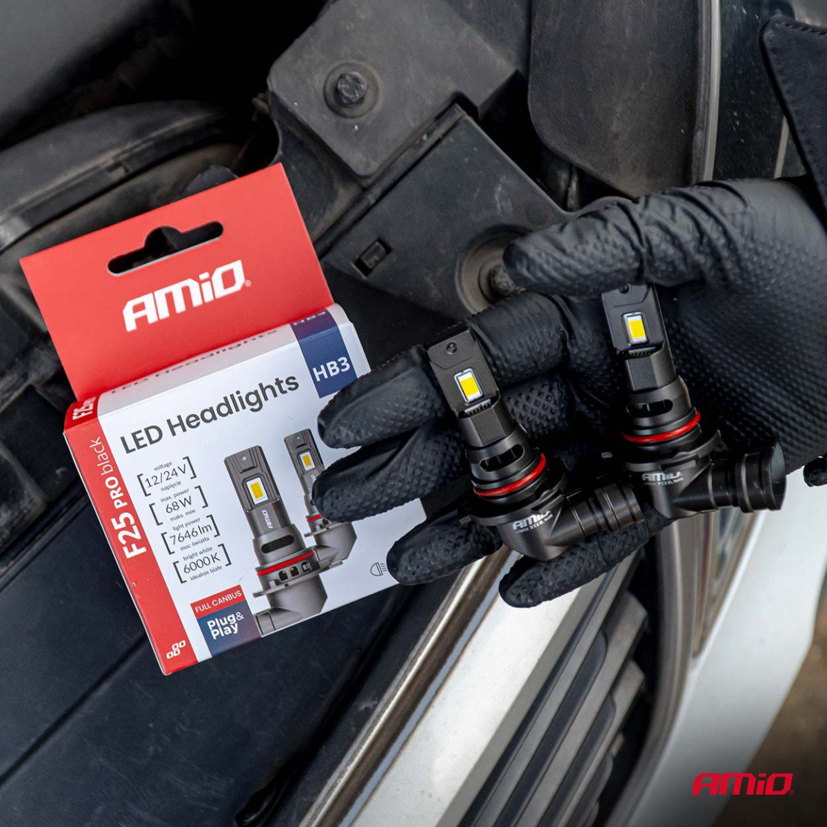 LED-strålkastarlampor F25 PRO SVARTA FULL CANBUS HB3 68W 12V 24V AMIO-04722