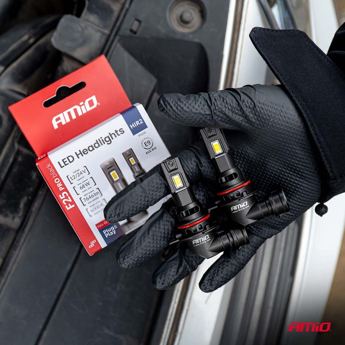 LED-strålkastarlampor Serie F25 PRO SVART FULL CANBUS HIR2 68W 12V 24V, AMIO-04724