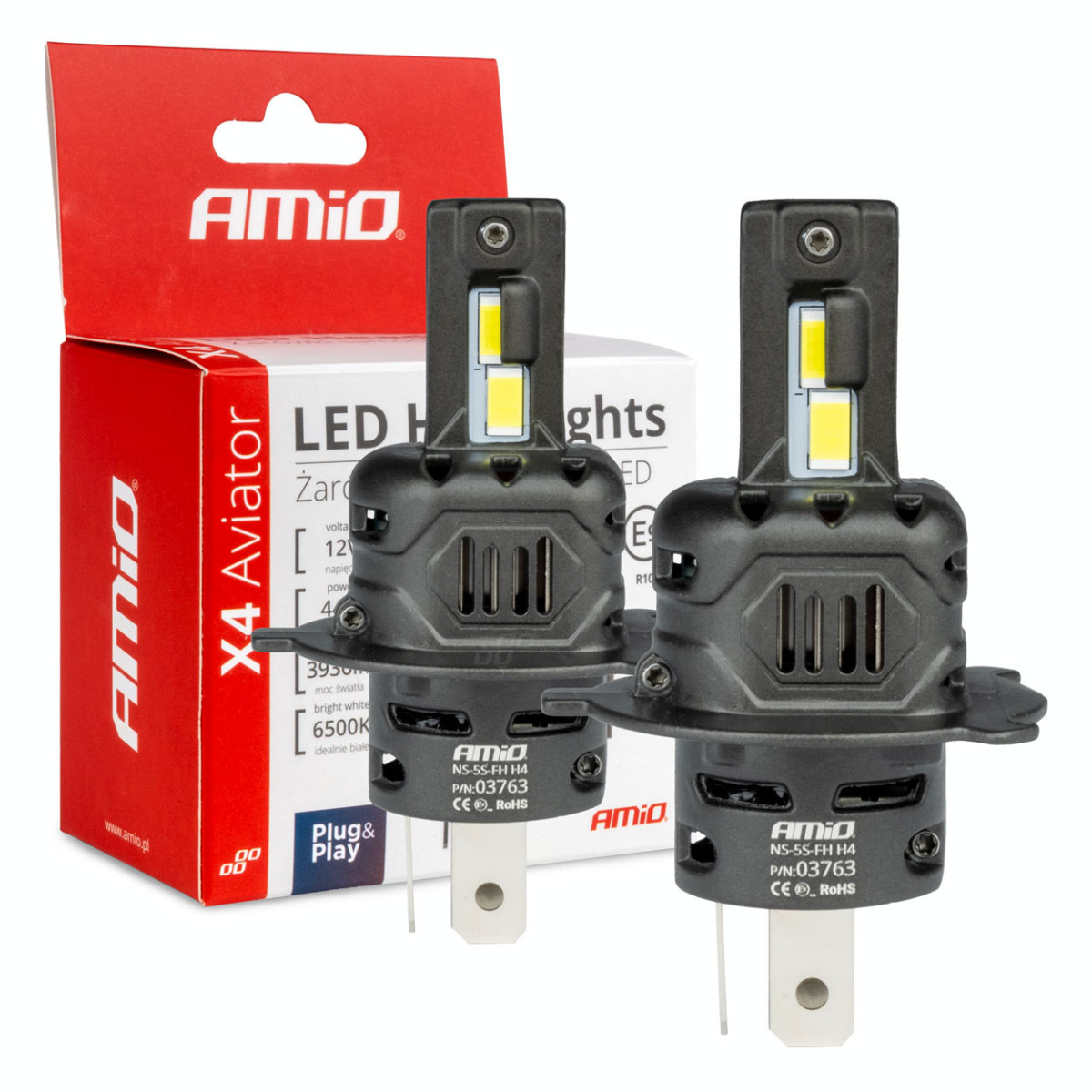 LED-strålkastarlampor X4-serien AVIATOR H4/H19 6500K max 44W AMIO-03763